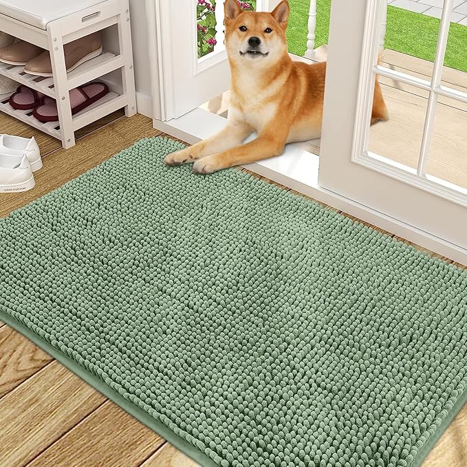 OLANLY Dog Door Mat for Muddy Paws 48x30, Absorbs Moisture and Dirt, Absorbent Non-Slip Washable Doormat, Quick Dry Chenille Mud Mat, Entry Indoor Entryway Carpet for Inside Floor, Olive Green