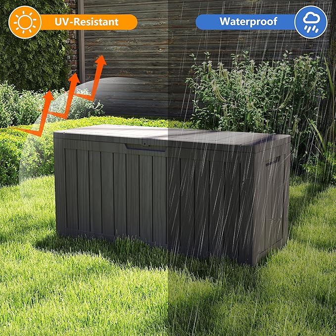 100 Gallon Outdoor Storage Box Waterproof, Resin Deck Boxes with Lockable Lid & UV-Resistant for Patio, Pool, Garden Furniture Cushions & Accessories, Coffee