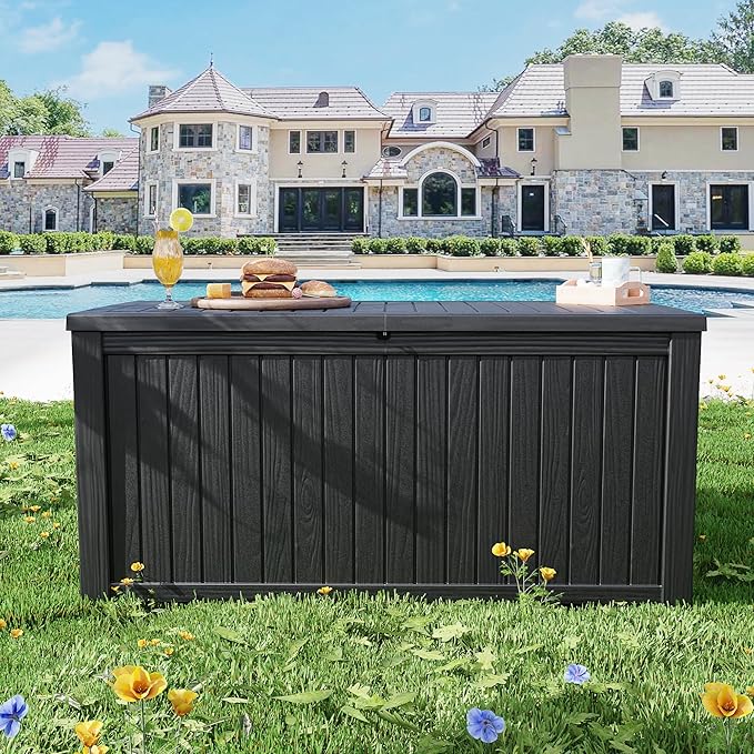 Outdoor Storage Box Waterproof, 200 Gallon Lockable Resin Large Deck Box, Patio Storage Bin for Pool Accessories Cushion Furniture, Garden Tools, UV-Resistant Outside Delivery, Black