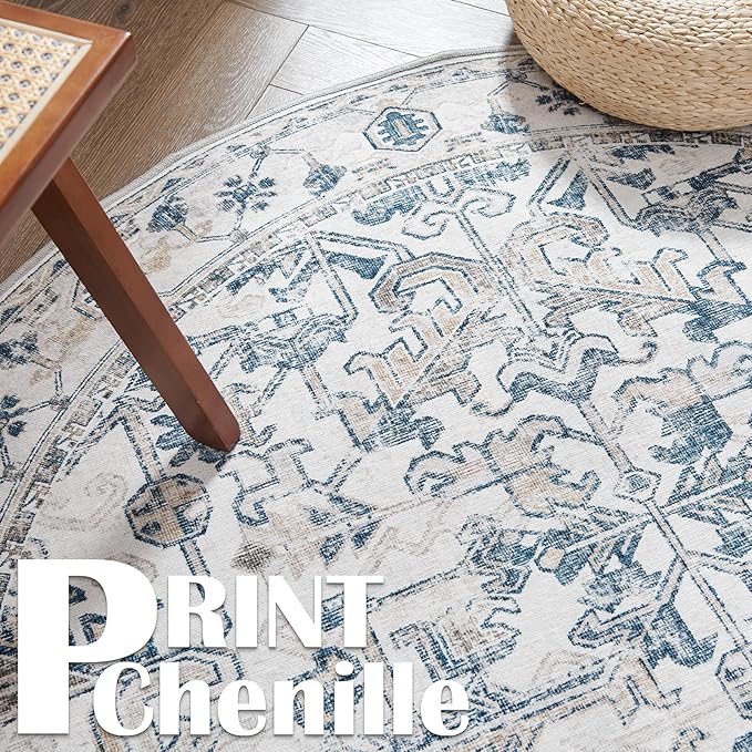 jinchan Lima Round Rug 5ft Vintage Machine Washable Area Rug Indoor Circle 5' Ultra-Thin Non-Slip Floral Print Carpet for Farmhouse Entryway Dining Room Living Room Bedroom Office (5'Round, Blue)