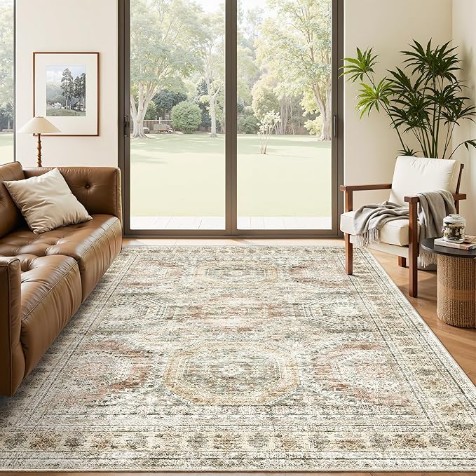 5x7 Area Rugs Brown Pink Low Pile Indoor Washable Trendy Faded Style Rugs for Bedroom Living Room Dining Room Foldable Non-Slip Thin Print Mat