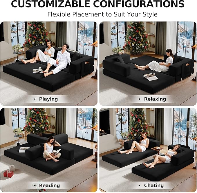 78.8" Convertible Sofa Bed,Corduroy Futon Couch with Storage Pocket,Folding Pull Out Futon Sofa, No Assembly Boneless Couch for Living Room,Black