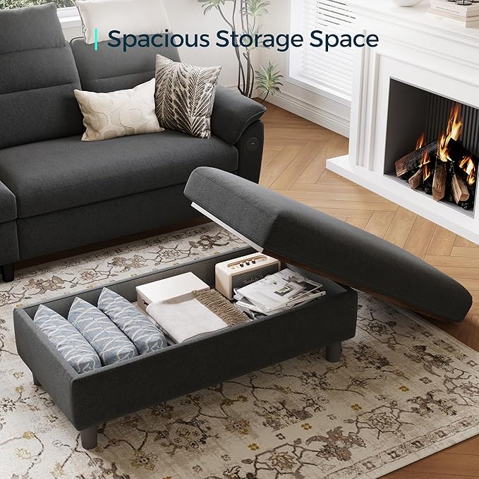 LINSY HOME 46 Inches Wide Storage Ottoman Bench, Linen Coffee Table Long Shoes Bench Footstool, Storage Chest, Foot Rest Stool, for The Living Room, Entryway and Family Room, Dark Gray