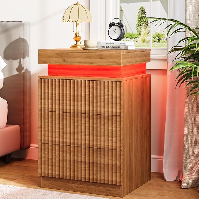 Nightstands Set of 2 with Charging Station & LED Lights, Modern Small Fluted Bedside & End Tables with 3 Drawers, Sliding Top & Hidden Storage, Wooden Farmhouse Night Stand for Bedroom Office,Walnut