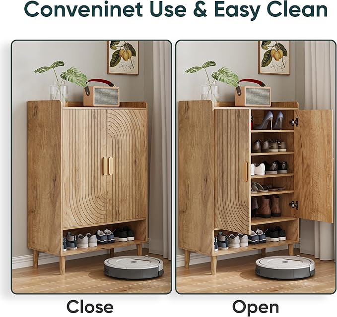 Smuxee Oak Shoe Cabinet with Line Groove Design, 6-Tier Shoe Storage Cabinet with Adjustable Shelves, Freestanding Shoe Organizer Cabinet for Entryway, Hallway, Closet, Living Room