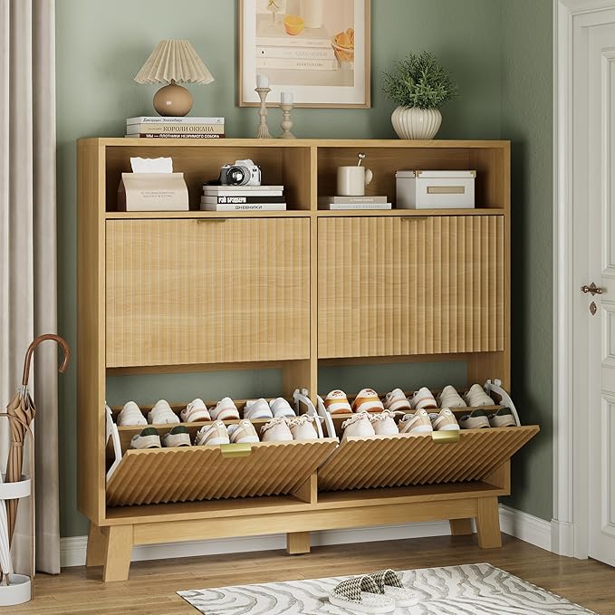 Shoe Cabinet with 4 Flip Drawers, 46" Tall Hidden Fluted Shoe Storage Organizer for Entryway, Narrow Slim Wooden Shoe Rack Cabinet for Front Door Entrance, Hallway, Living Room, Natural Oak