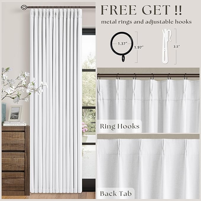 Neutral White Linen Pinch Pleated Blackout Curtains 108 Inches Long for Bedroom Pleated 100% Black Out Drapes with Liner Off White Farmhouse Country Extra Long 108 Inch Curtain for Living Dining Room