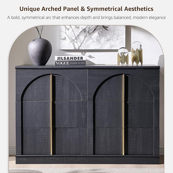 ACCOHOHO Arched Dresser for Bedroom with 6 Drawers, 47.3" Wide Modern Chest of Drawers with Rounded Edge & Metal Handles, Wood Storage Closet Dressers TV Stand for Living Room, Hallway, Black