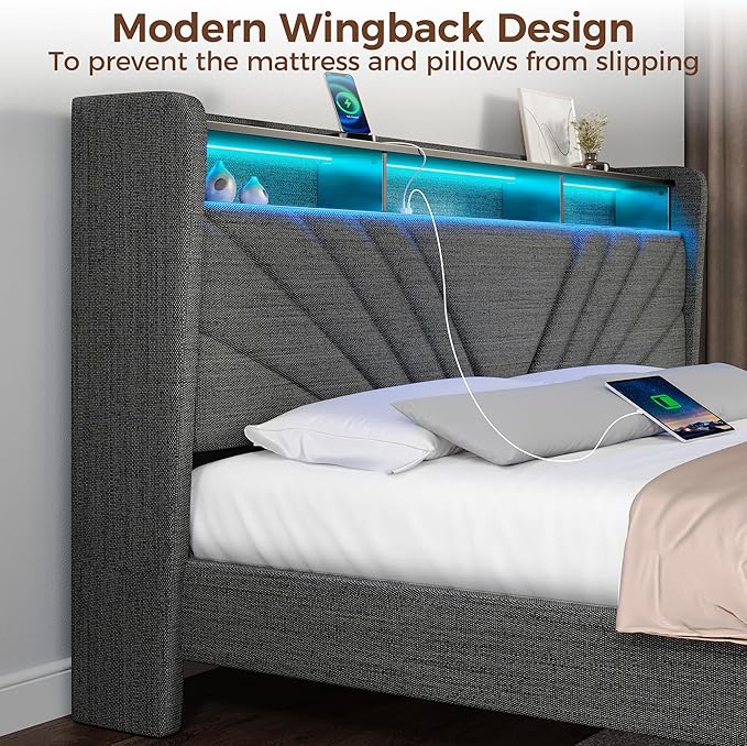 Rolanstar King Size Bed Frame, Storage Headboard with Charging Station and LED Lights, Upholstered Bed with Heavy Duty Wood Slats, No Box Spring Needed, Noise Free, Easy Assembly, Dark Grey