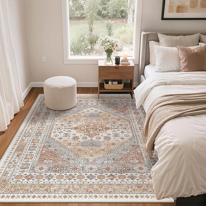 zesthome 4x6 Rug - Stain Resistant Washable Rug, Anti Slip Backing Rugs for Living Room, Foldable Vintage Small Area Rugs(Orange,4'x6')