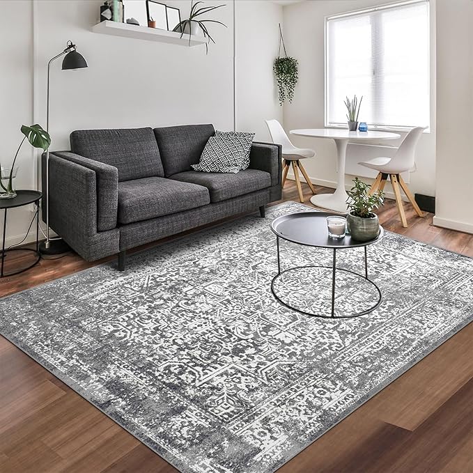 vivorug 5x7 Area Rugs, Stain Resistant Washable Rug for Living Room, Vintage-Inspired Grey Rug