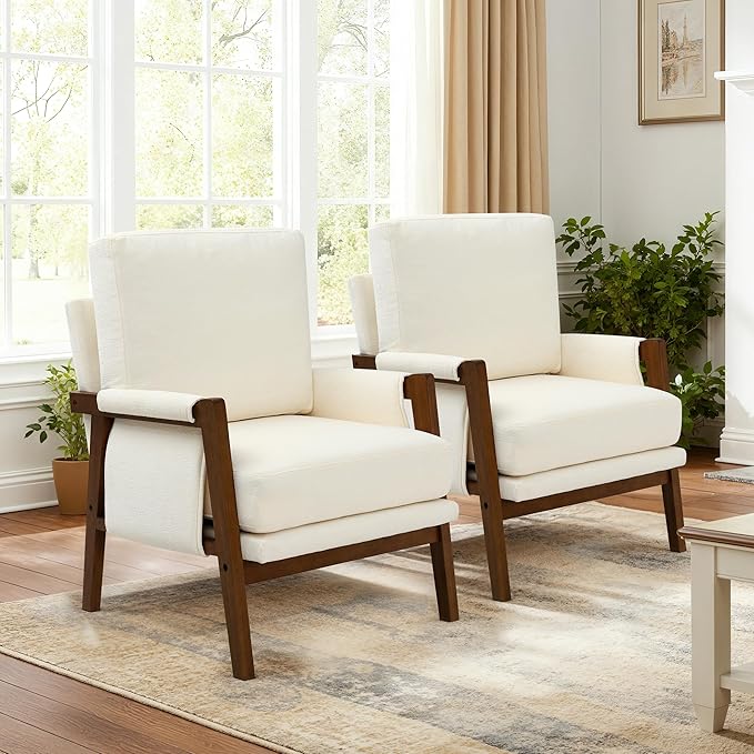 Accent Chairs for Living Room Set of 2, Modern Arm Chairs for Bedroom, Wooden Upholstered Mid Century Accent Chairs, Cream White
