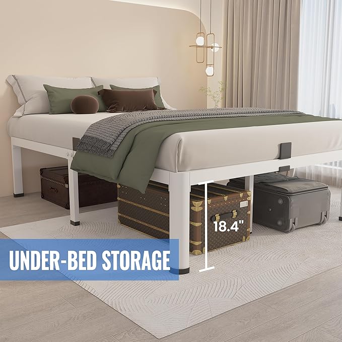 MAF 20 Inch King Size Bed Frame White with Round Corner Legs Mattress Slide Stopper No Box Spring Needed Heavy Duty Metal Platform Bed Frames Under-Bed Storage Space, 3000 LBS Steel Slats Support