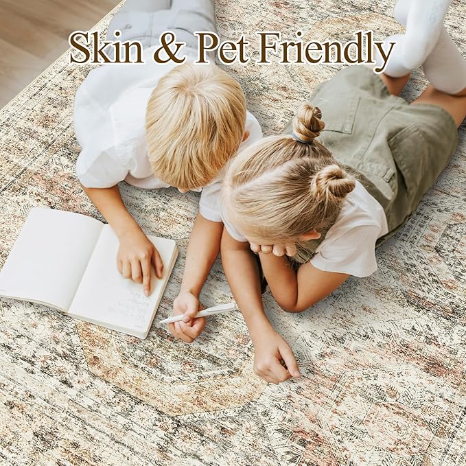 5x7 Area Rugs Brown Pink Low Pile Indoor Washable Trendy Faded Style Rugs for Bedroom Living Room Dining Room Foldable Non-Slip Thin Print Mat