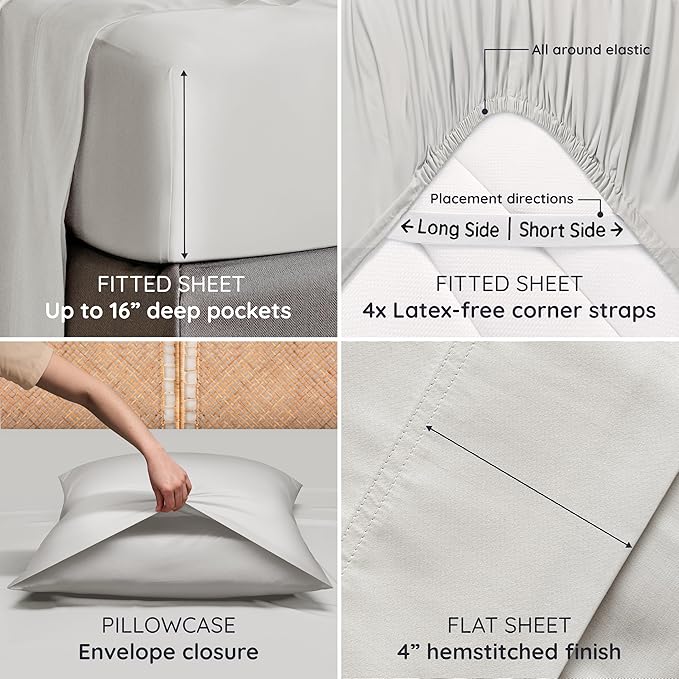 Bambaw Queen Sheet Set – 4pcs 100% Viscose Derived from Bamboo Sheets Set, Cooling Sheets for Night Sweats, Soft Queen Sheets, Hotel Luxury Bed Sheets Set, 16'' Deep Pockets (Moonlight Gray)