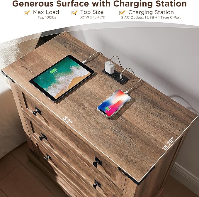 T4TREAM 32" Farmhouse Nightstand with Charging Station, Large End Table with 3 Storage Drawers, Rustic Wood Bedside Table for Bedroom, Living Room, Rustic Oak