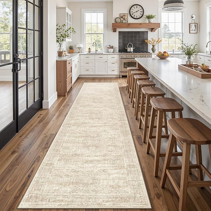 Runner Rug 2'6" x 12' Washable Non-Slip Runner Rugs for Kitchen Bathroom Laundry Room Vintage Ultra Thin Runners for Hallway Entryway Beige
