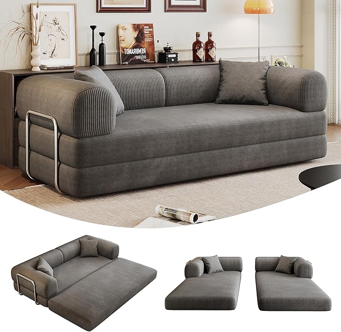 79" Convertible Sofa Bed, Corduroy Folding Pull Out Couch with Pillows, No Assembly Modern Boneless Couch Compression Sofa in Box, Floor Sofa with Support Rods for Living Room,Grey