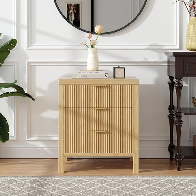 End Table with Storage, Wooden Farmhouse Nightstands with 3 Drawers, Bedside Table - Boho Tall Side Table Accent for Bedroom, Living Room, Nature