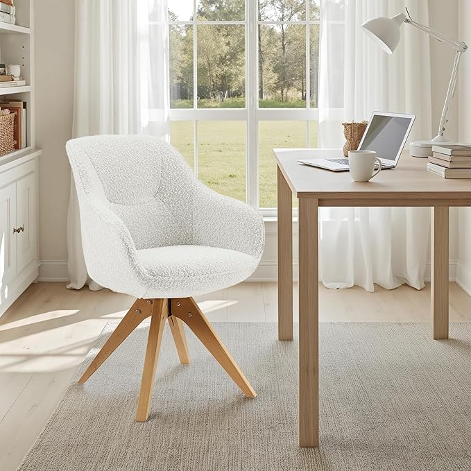 Zouron Desk Chair with Wooden Legs, Swivel Accent Chairs No Wheels, Modern Vanity Arm Chair for Small Space Home Office Living Room Bedroom, Ivory and Natural Wood