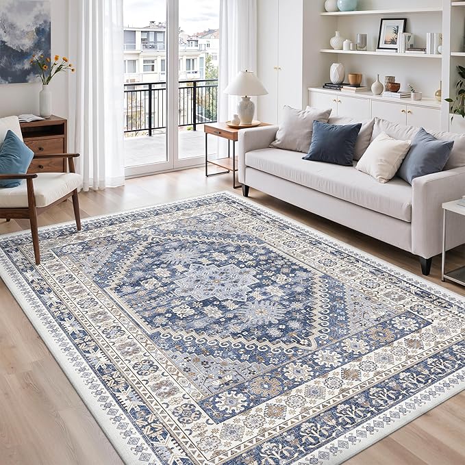 zesthome 7x9 Area Rug, Super Soft Washable Rugs for Living Room, Non-Slip Stain Resistant Vintage Rugs, Ultra-Thin Large Area Rugs (Blue/Beige,7'x9')