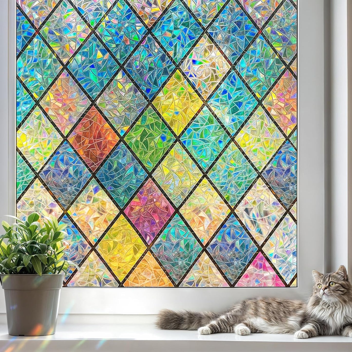 DUOFIRE Stained Glass Window Film Decorative Window Privacy Film Rainbow Diamond Grid Colorful Lattice Windows Cling Anti UV Static Cling Reusable Windows Decal for Home 11.8×39.3 inch