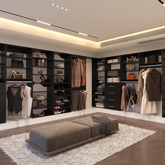 Double Hanging Closet Unit, Modular Closet System, Wood Closet System Organizer with Storage for Walk in Closets, Clothing Rack Wardrobe Closet for Hanging Clothes, Bedroom, Black, 22.5" W