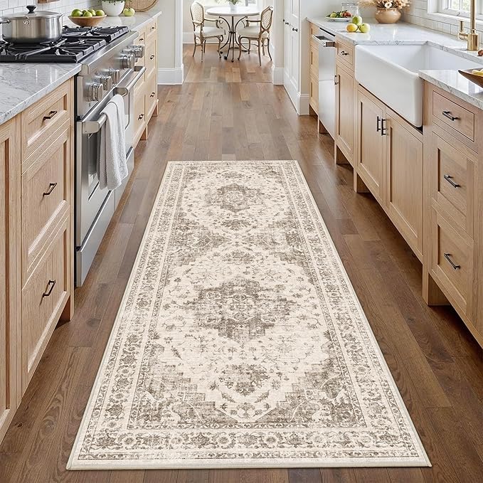 2x6 Hallway Washable Runner Rug Vintage Non-Slip Soft Kitchen Mat Boho Medallion Distressed Farmhouse Carpet Floral Low Pile Indoor Throw Rug for Entryway Bathroom Living Room Bedroom, Taupe