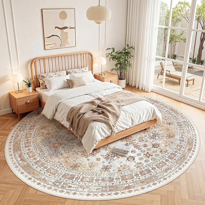 zesthome 8ft Round Rugs for Living Room, Non-Slip Washable Round Area Rugs, Ultra-Thin Large Circle Rugs, Soft Low Pile Rug for Bedroom, Kitchen - Vintage Stain Resistant Round Rug (Orange,8'x8')