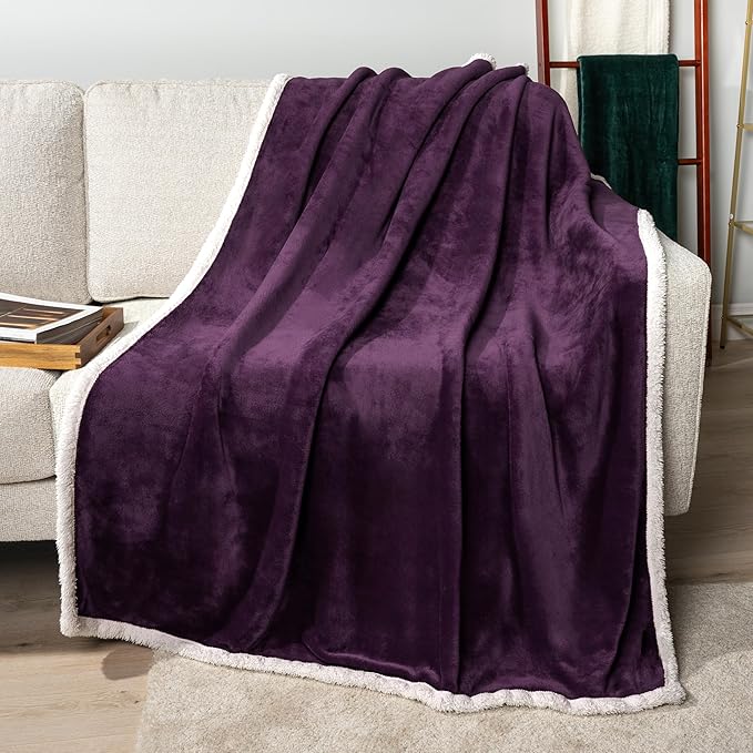 PAVILIA Sherpa Fleece Throw Blanket for Couch, Twin Size, Purple, Plush Soft Fuzzy Sofa Blanket, Cozy Reversible Winter Throw for Women Men, 60x80 Inches