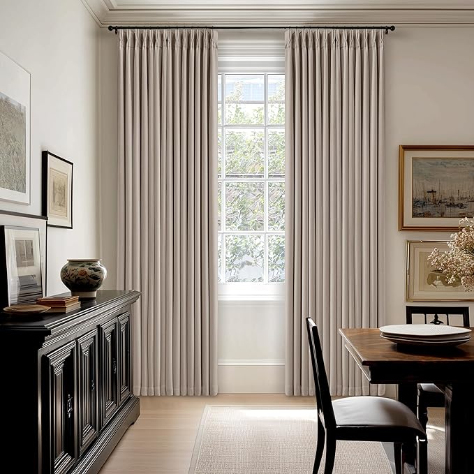 Greyish Beige Pleated Blackout Curtains 96 Inches Long 2 Panels Set for Dining Living Room Darkening Neutral Memory Shape Pinch Pleat Black Out Heavy Duty Thermal Insulated Curtain Drapes with Liner