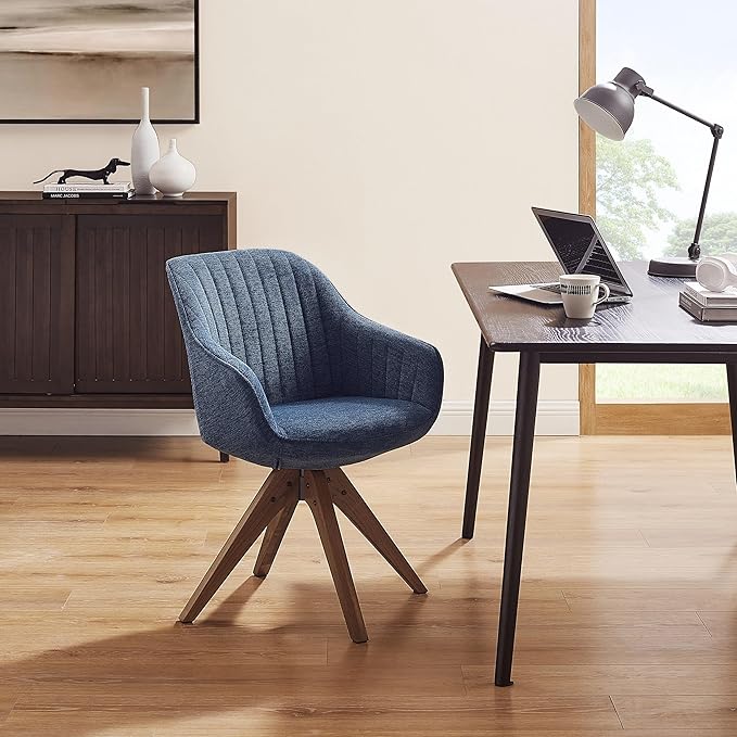 Zouron Mid Century Modern Accent Chair with Wooden Legs, Upholstered Swivel Chair No Wheels, Side Accent Armchair Vanity Chair for Small Space Home Office Living Room Bedroom, Blue