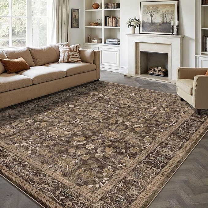 5x7 Area Rugs - Ultra-Thin Washable Rug with Non-Slip Backing, Ideal for Living Room, Bedroom, Dining Room Indoor - Vintage Floral, Easy Clean, Durable, Low Pile Rug Black