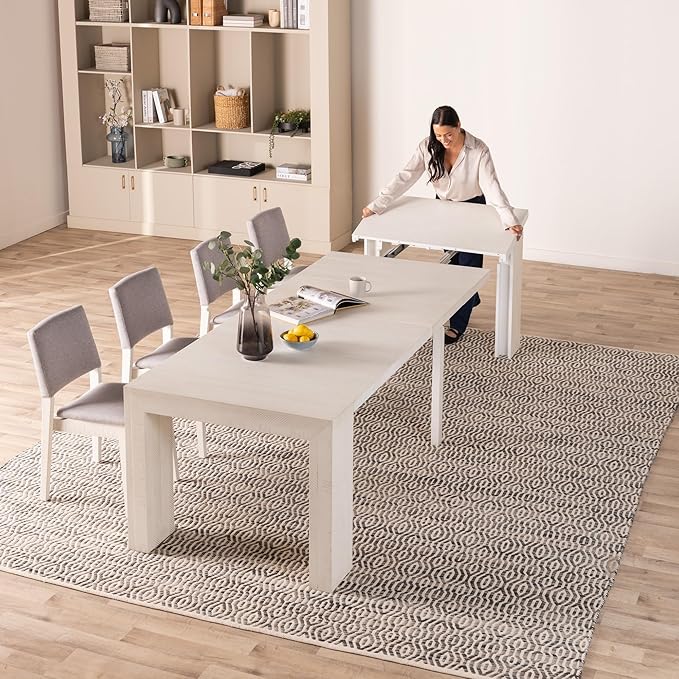 Transformer Table - Solid Wood Extendable Dining Table with 4 Stackable Chairs, Seats 2-12, Expandable Table, Space-Saving Furniture, White Finish (Table + 4 Chairs)