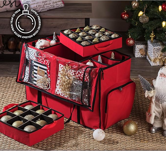 ZOBER All in One Christmas Ornament Storage Box & Decoration Container - Easy Access Removable Trays, Keeps 73 Ornaments - Adjustable Extent Area for Figurines and Pockets for Decoration - Red