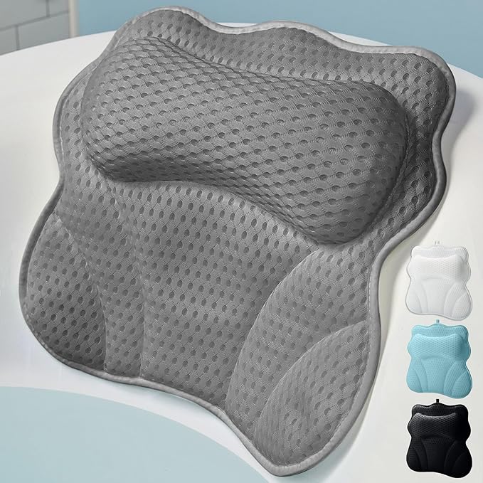 WONDERfoam Thick Padded Ergonomic Bath Pillow for Tub, Bathtub Headrest Neck and Back Support, Strong Suction Cups, Machine Washable Breathable Mesh Quick Dry Pillows, Luxury Spa Accessories, Gray