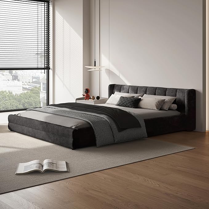 DEINPPA Queen Size Bed Frame with Cloud Soft Headboard, Chenille Upholstered Grounded Wood Base Bed Frame, No Box Spring Needed-Dark Grey