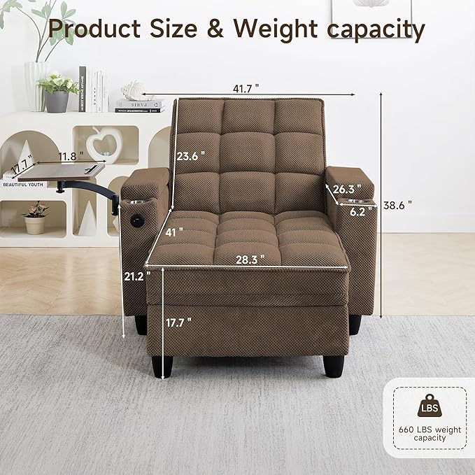 41.7" Chaise Lounge Chair Indoor, Oversized Boucle Upholstered Sofa Bed, Adjustable Backrest Deep Seat Reading Chair, Sofas Couches for Living Room with Storage, Cup Holders & 360° Swivel Side Table