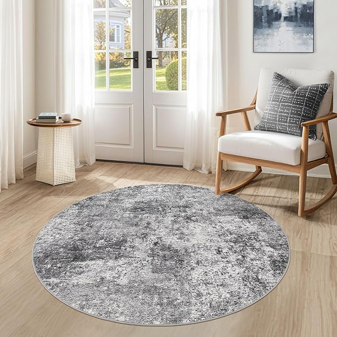 4ft Round Area Rug Living Room Rugs - 4x4 Washable Large Soft Indoor Neutral Modern Abstract Low Pile Rug Carpet for Bedroom Dining Room Farmhouse Home Office - Grey