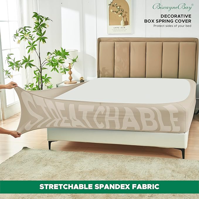 Biscaynebay Decorative Box Spring Cover Full & Full XL Size, Light Camel Luxurious Jersey Knitting Stretchy Wrap Around 4 Sides Bed Skirt for Home/Hotels, Easy Fit Wrinkle Free Machine Washable