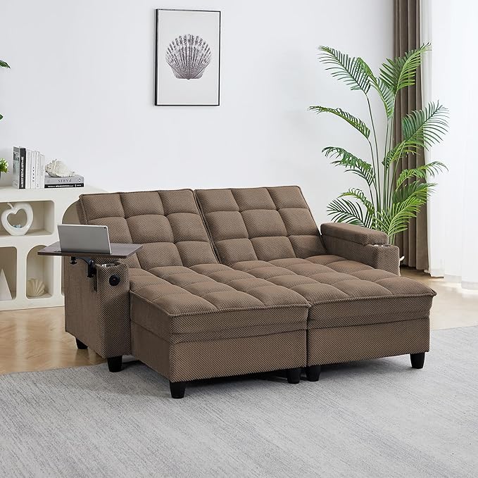70.9" Chaise Lounge Chair Indoor, Oversized Boucle Upholstered Sofa Bed, Adjustable Backrest Deep Seat Reading Chair, Sofas Couches for Living Room with Storage, Cup Holders & 360° Swivel Side Table