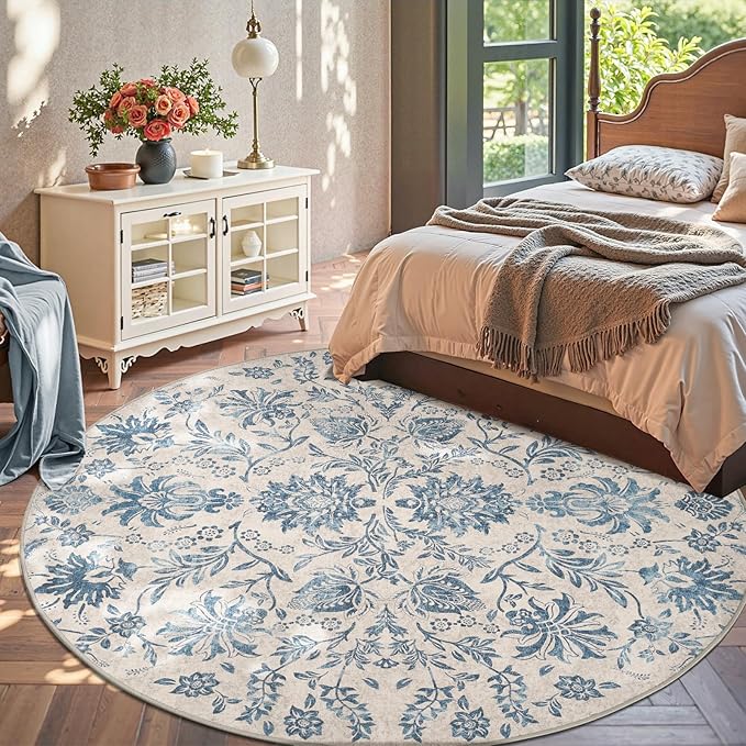 jinchan Torino Classic Floral Round Rug 8ft, Vintage-Inspired Design 8’Circle Rug, Machine Washable Ultra-Thin Low-Pile Non-Slip Indoor Carpet for Bedroom Dining Room Living Room, Dark Blue