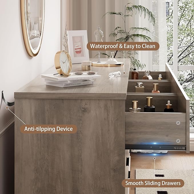 Dresser for Bedroom, 9 Drawer Wide Modern Chest of Drawers with X-Shaped Sturdy Base, Wood Double Dresser Closet Clothes Storage Organizer, Wooden TV Stand for Living Room, Hallway, Grey
