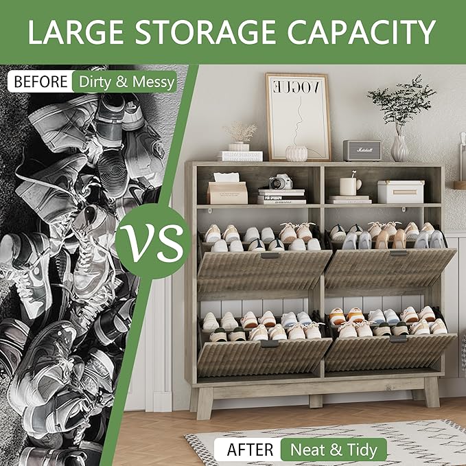 Shoe Cabinet with 4 Flip Drawers, 46" Tall Narrow Fluted Shoe Storage Organizer for Entryway, Hidden Slim Wooden Shoe Rack Cabinet for Front Door Entrance, Hallway, Living Room, Light Grey