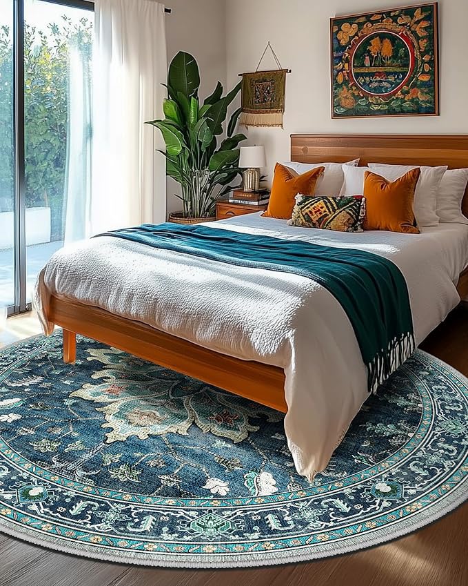 Area Rugs 7ft Washable Non-Slip, Floral Vintage Distress Print Pattern Medallion Carpet for Living Room Bedroom Dining Room, Teal Green Lake Blue Turquoise