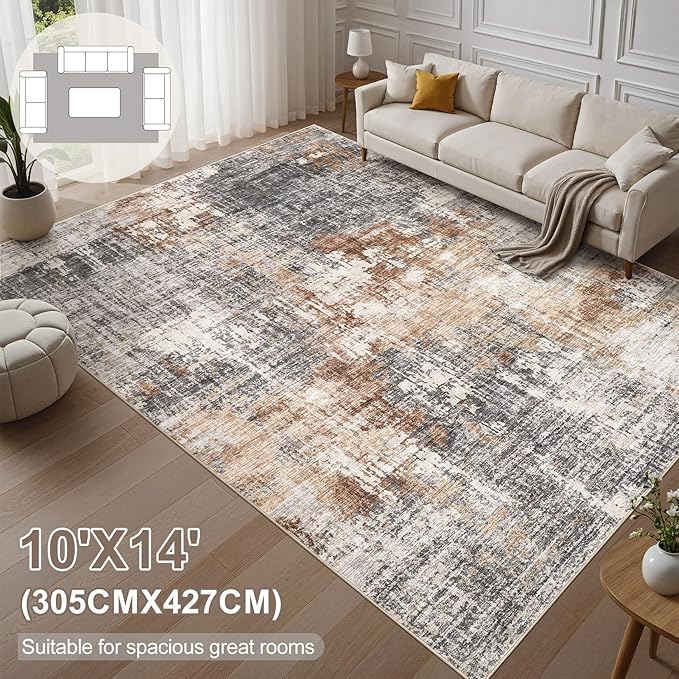 Area Rug Living Room Rugs - 10x14 Washable Large Soft Indoor Neutral Modern Abstract Low Pile Rug Carpet for Bedroom Dining Room Farmhouse Home Office - Grey Brown