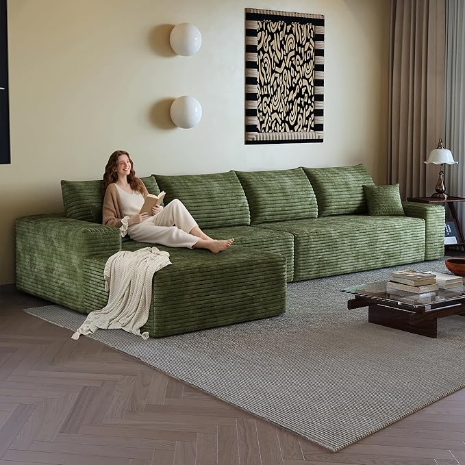 136" Sectional Couches for Living Room Modern Modular Sofa with L-Shape Couchs Upholstered Boneless Couch Deep Seat Sectional Couch with Chaise (Green, Left Facing Chaise+3Seaters)