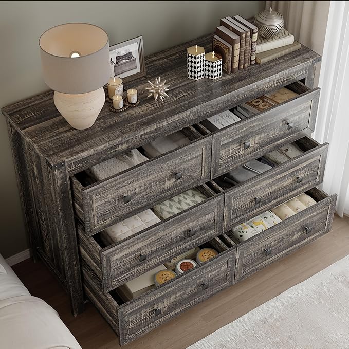 6-Drawer Dresser, Modern Wooden Storage Chest of Drawers, Dresser TV Stand, Wood Drawer Organizer with Metal Handles for Bedroom, Living Room, Hallway