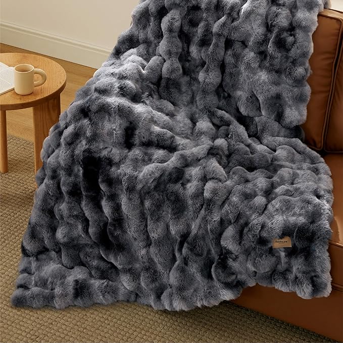 Bedsure GentleSoft Fluffy Faux Fur Blanket Twin Size, Fuzzy Soft Bubble Blanket for Couch, Faux Fur Decor for Home Bedroom Living Room, Thick Furry Cozy Gifts for Women, Tie-dye Grey, 60x80 Inch