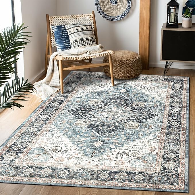 Area Rug 4×6, Vintage Boho Rug,Ultra-Soft Low Pile, Washable, Non Slip,Stain Resistant Printed Carpet for Living Room Bedrooms Playroom Office Kitchen, Blue/Navy
